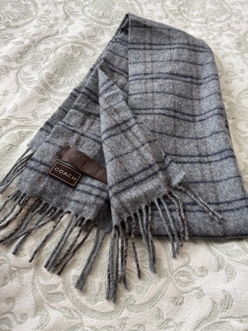 COACH Gray Plaid Wool Blend Scarf with Fringe